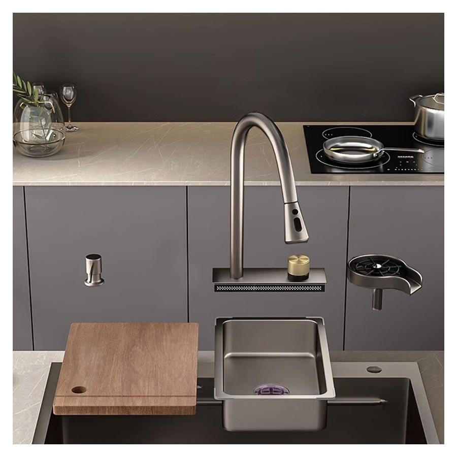 Single Bowl Waterfall Multi-functional Kitchen Sink 304 SUS Stainless Steel with Dish Rack top Mount Sink with faucet