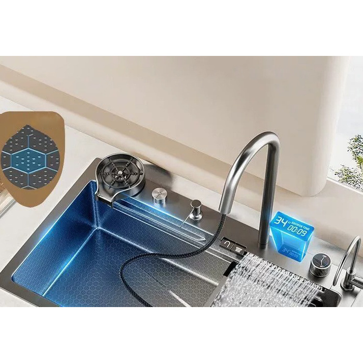 Digital Display 304 Stainless Steel Pull Out Waterfall Faucet Nano Black Multi-Function Kitchen Sink With