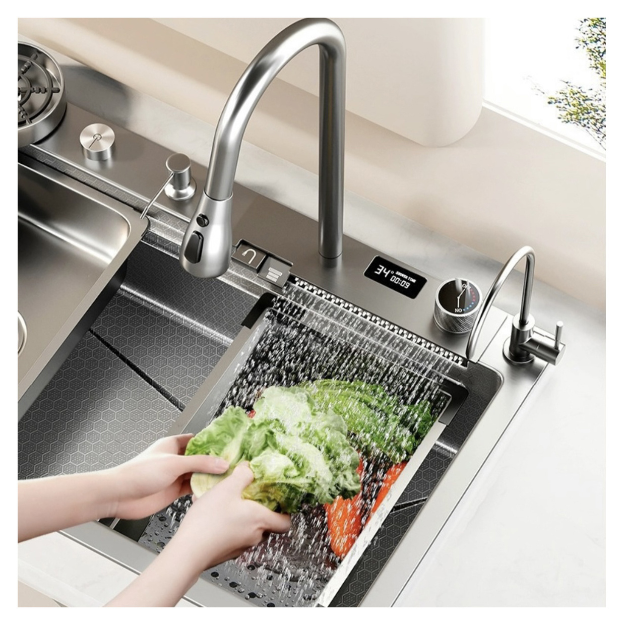 Digital Display 304 Stainless Steel Pull Out Waterfall Faucet Nano Black Multi-Function Kitchen Sink With