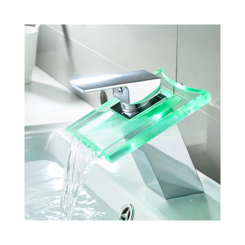 Luxury Glass Waterfall Faucet for Bathroom Sink Modern Brass Washbasin Mixer Tap with LED 3 Colors Change