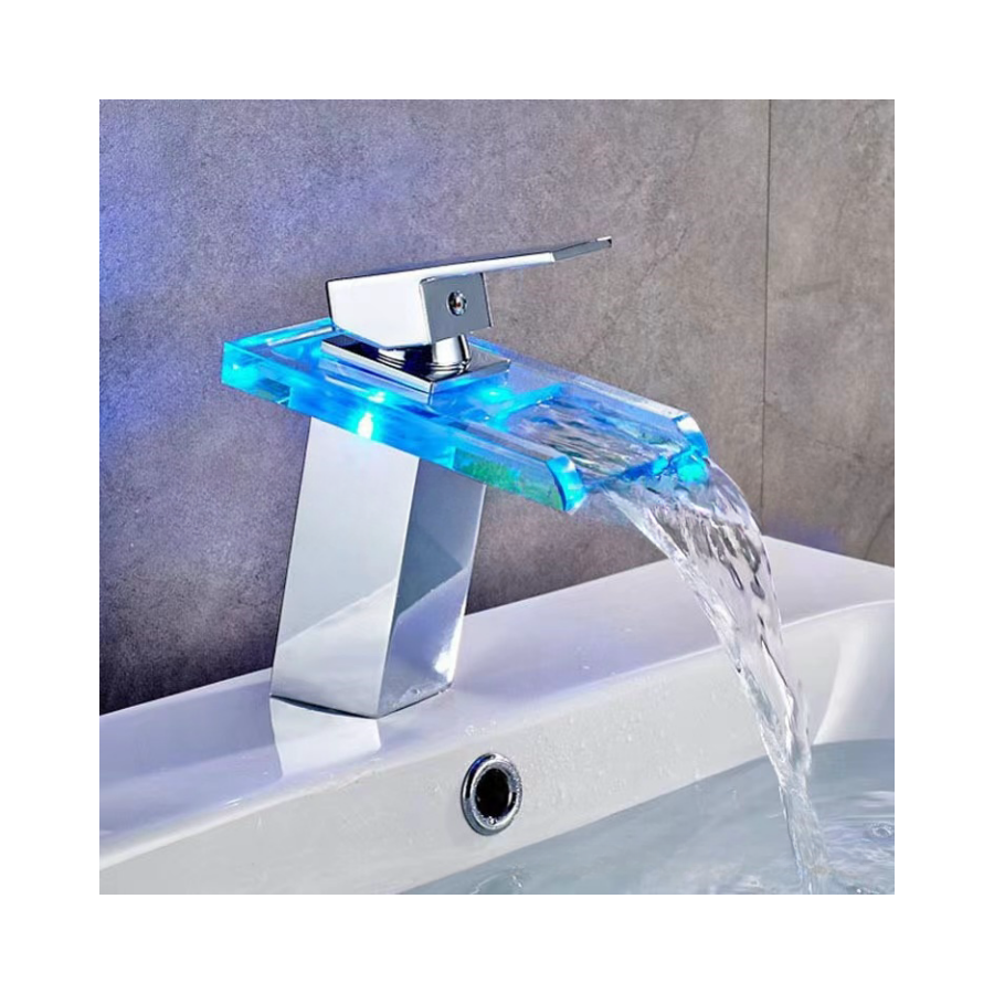 Luxury Glass Waterfall Faucet for Bathroom Sink Modern Brass Washbasin Mixer Tap with LED 3 Colors Change