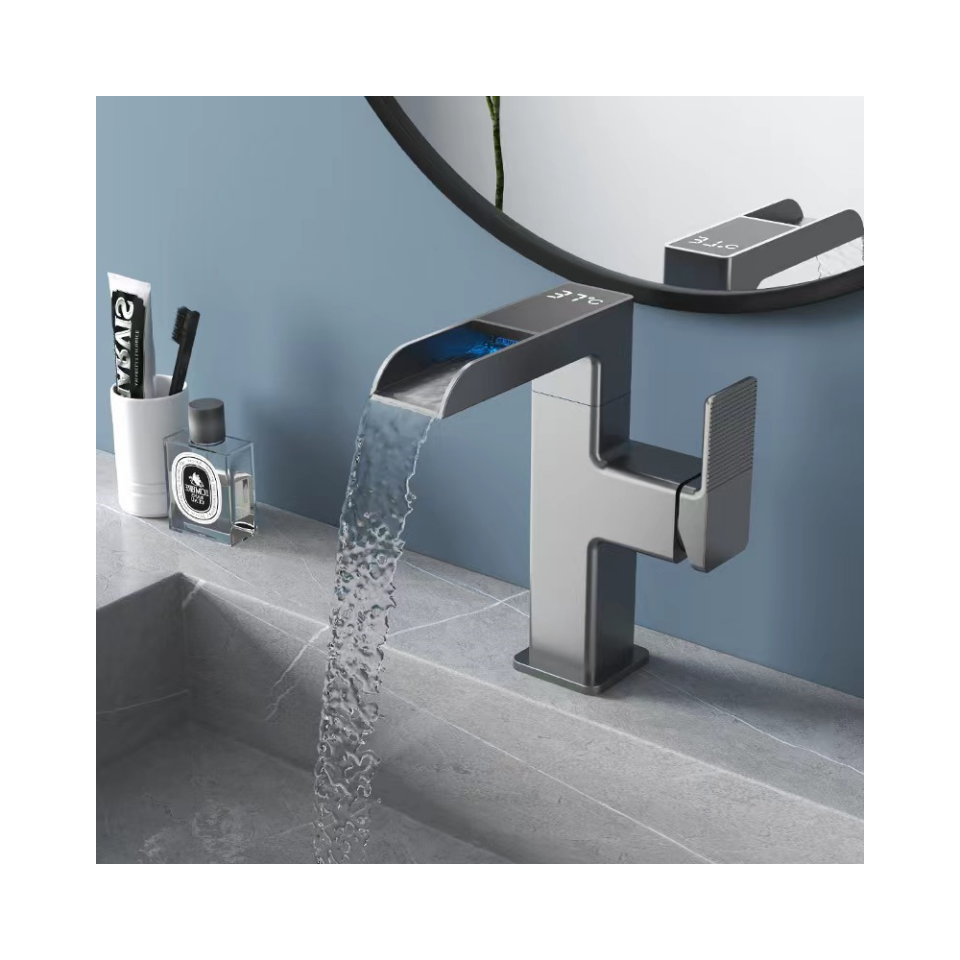 Intelligent LED Temperature Digital Display Water Tap Brass Waterfall Bathroom Smart Thermostat Electronic Basin Faucet