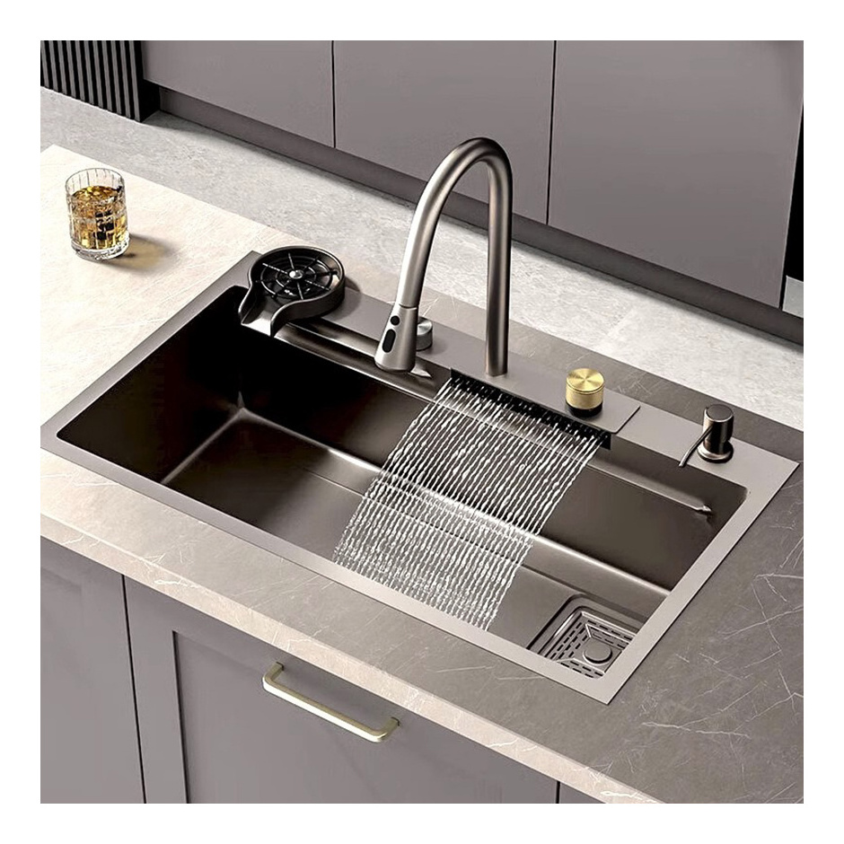 sus304 Waterfall Multifunction Smart Stainless Steel Sink Glass Rinser Kitchen Sinks