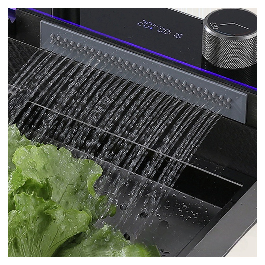 OEM LED Digital Handmade Black White SUS 304 Stainless Steel Waterfall Smart Multi function Kitchen Sink with pulling tap