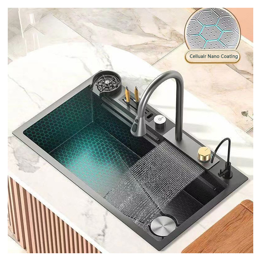 sus304 Waterfall Multifunction Smart Stainless Steel Sink Glass Rinser Kitchen Sinks