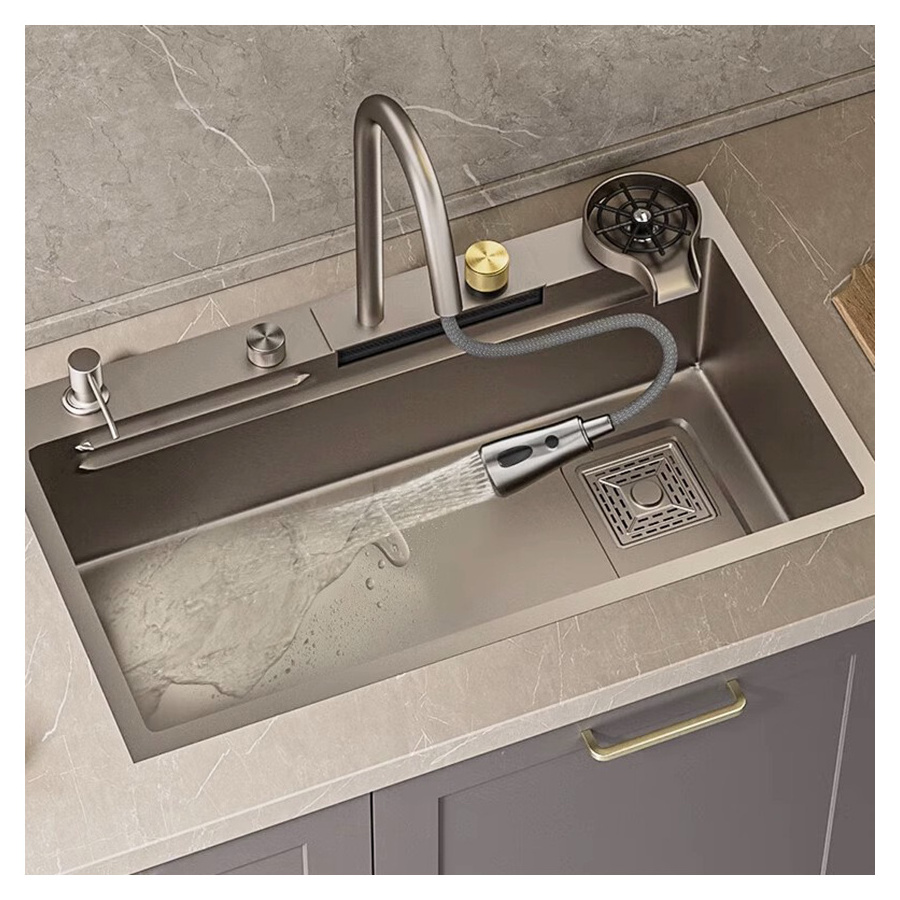 sus304 Waterfall Multifunction Smart Stainless Steel Sink Glass Rinser Kitchen Sinks