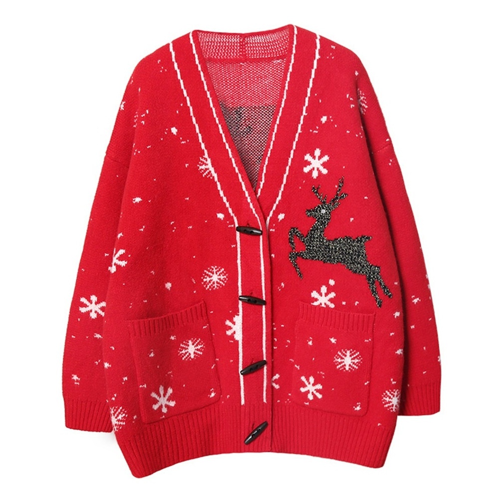 Lr New Sweet Red Year Christmas Fawn Sweater Knit Jacket Horn Button Women Cardigan Tops For Party