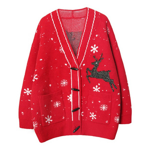 Lr New Sweet Red Year Christmas Fawn Sweater Knit Jacket Horn Button Women Cardigan Tops For Party