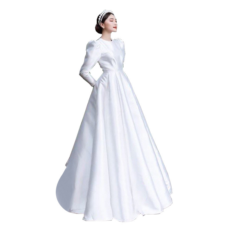 court main wedding dress 2023 new retro light yarn simple satin long sleeve conservative floor-length wedding veil