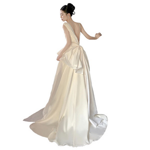 Korean Satin Wedding 2023 Elegant Slimming White Simple Outerwear Yarn Sexy Backless Bridal Tail Dress