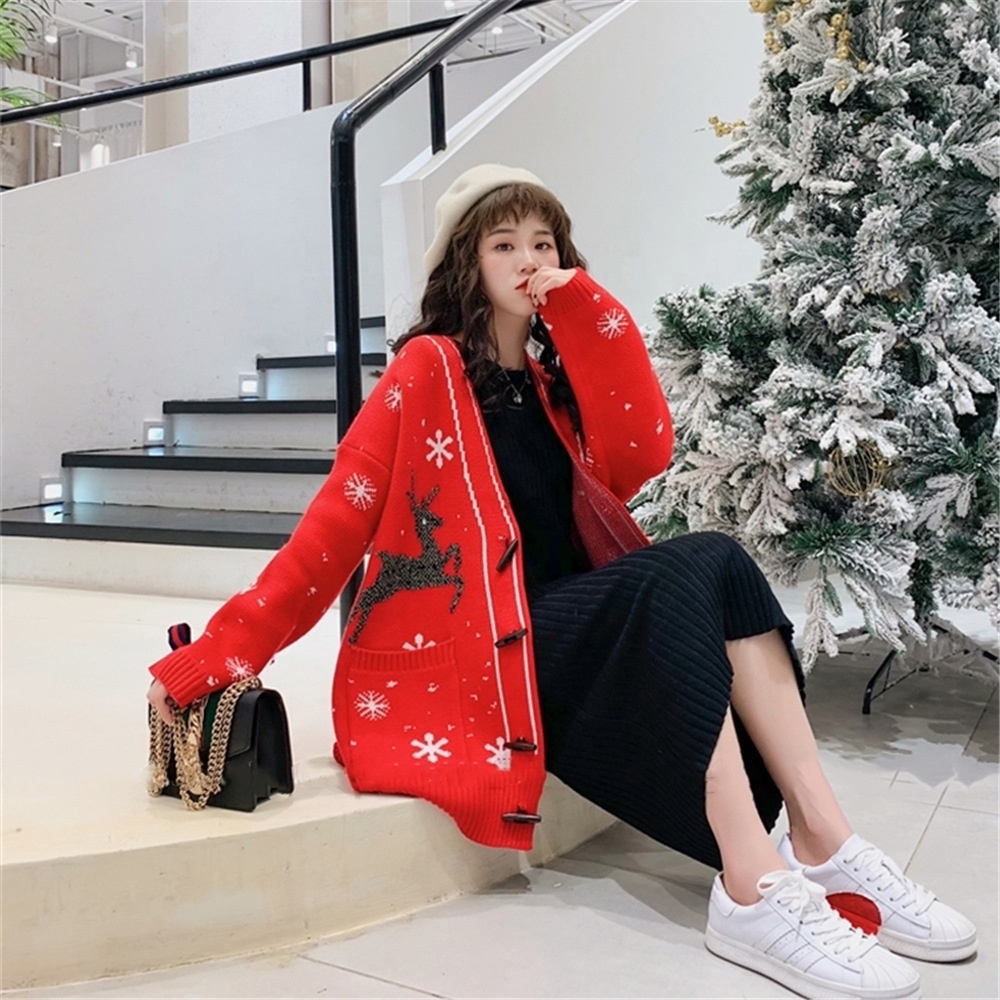 Lr New Sweet Red Year Christmas Fawn Sweater Knit Jacket Horn Button Women Cardigan Tops For Party