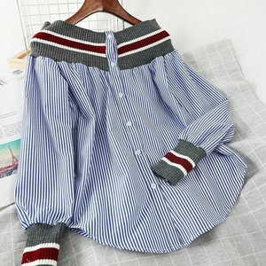 Spring Autumn Women's Patchwork Shirts Striped Navy Style Loose Retro Shirt Long Sleeve Lantern Woman Tops