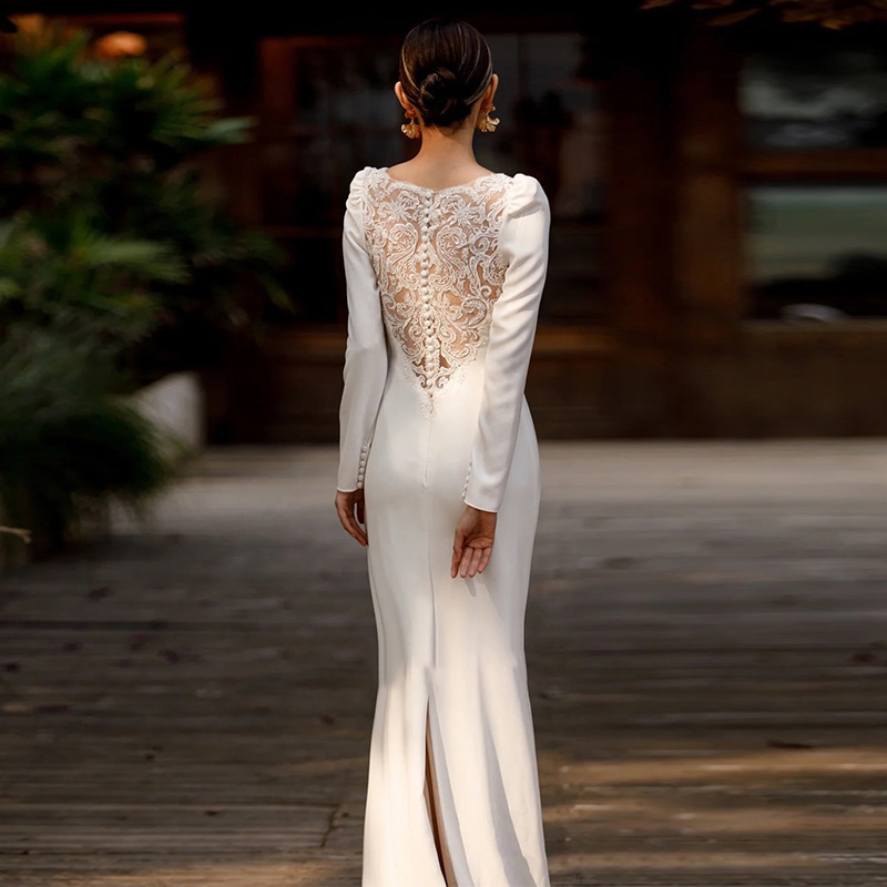 2023 new bridal light wedding dress long sleeve satin simple temperament ladies banquet host style evening gown