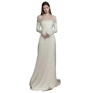 Hepburn style light wedding dress  new fishtail slim fit slimming long sleeves wedding veil simple satin evening dress