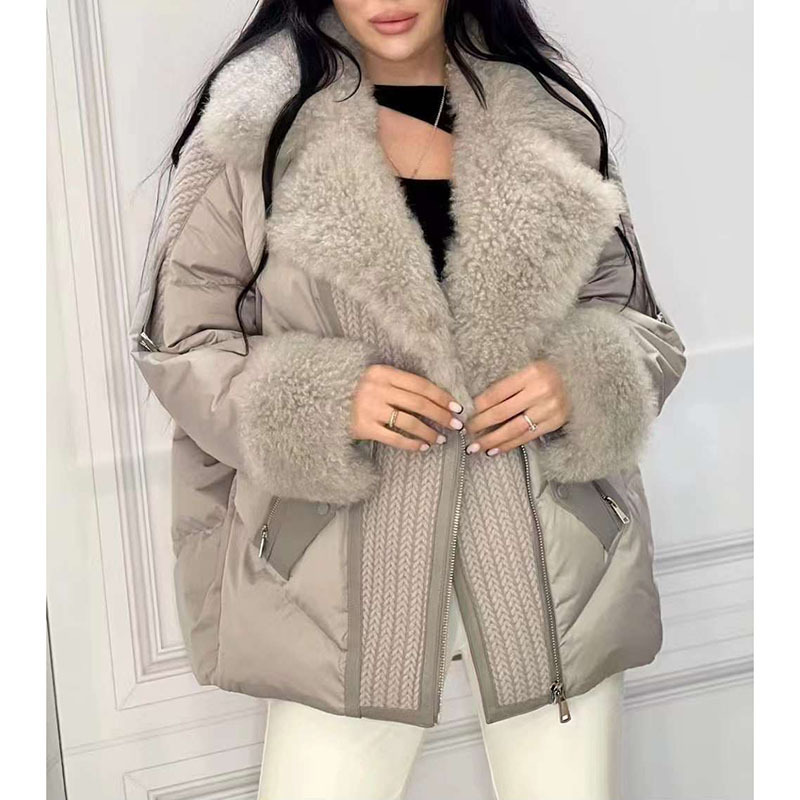 High-End Goat Hair Genuine Fur Collar Fur Down Jacket Female Loose And Warm Down Jacket Leather And Fur Integrated Slimming Coat