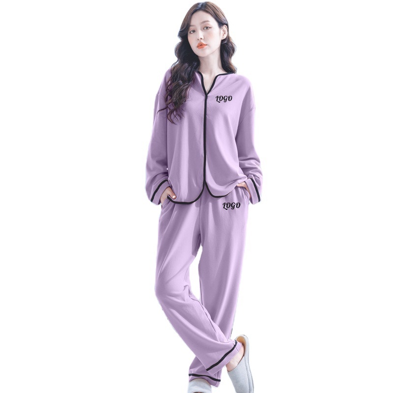 Aoyema Custom Fall Thick Viscose from Bamboo Purple Warm Pajamas Contrast Piping Patched Pocket Pyjamas Women Sleepwear