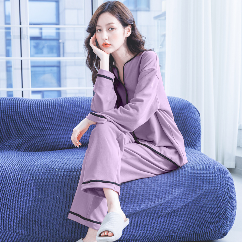 Aoyema Custom Fall Thick Viscose from Bamboo Purple Warm Pajamas Contrast Piping Patched Pocket Pyjamas Women Sleepwear