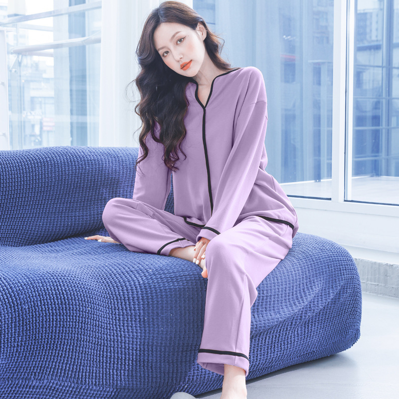 Aoyema Custom Fall Thick Viscose from Bamboo Purple Warm Pajamas Contrast Piping Patched Pocket Pyjamas Women Sleepwear