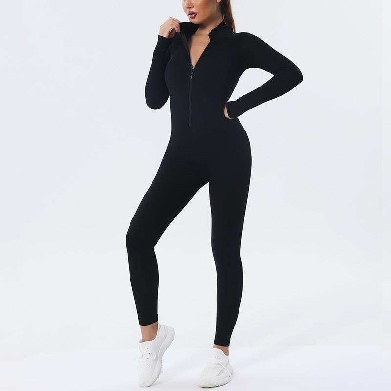 Women's Sport Jumpsuit Ribbed Tight Body Suits Sexy Outfit Fitness Workout Yoga Long Sleeve Bodysuit Zipper Casual Overalls 2024