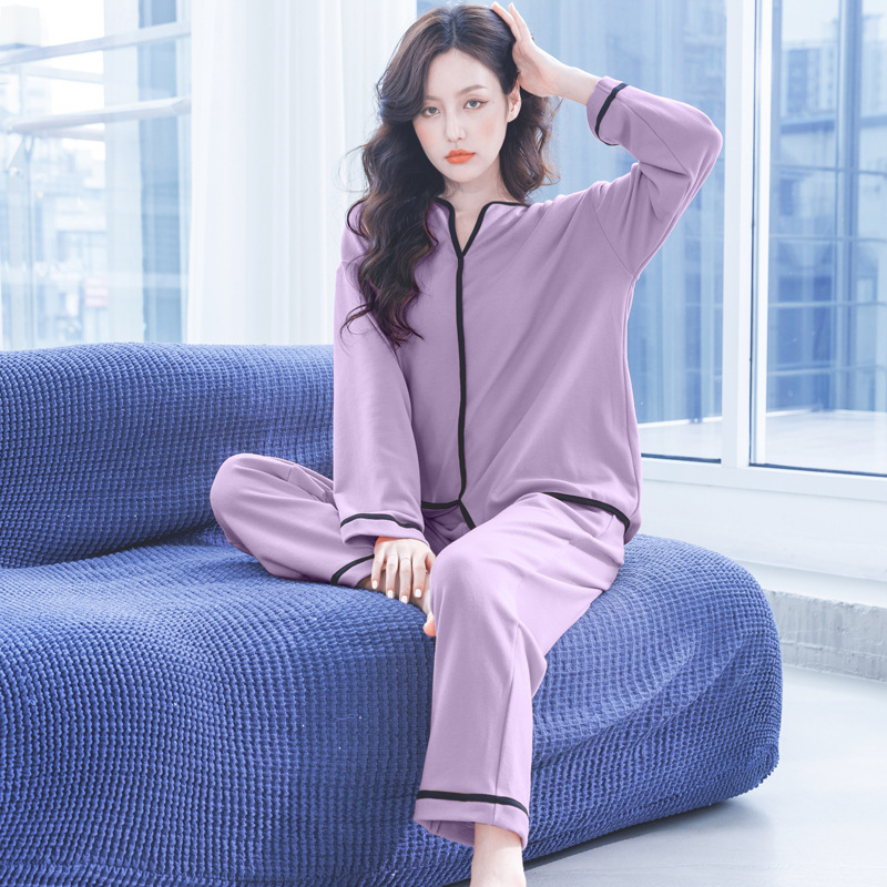 Aoyema Custom Fall Thick Viscose from Bamboo Purple Warm Pajamas Contrast Piping Patched Pocket Pyjamas Women Sleepwear