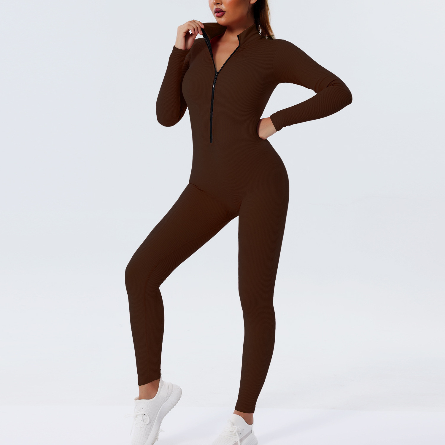 Women's Sport Jumpsuit Ribbed Tight Body Suits Sexy Outfit Fitness Workout Yoga Long Sleeve Bodysuit Zipper Casual Overalls 2024