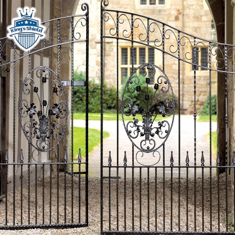 Black double swing gate ornamental fence double swing gate pedestrian wrought iron main gate for houses