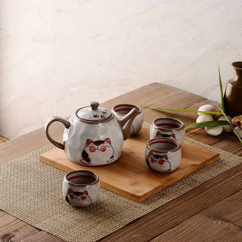 cute style cat pattern ceramic teapot and cup set hand painted tea pot and tea cup set for home use