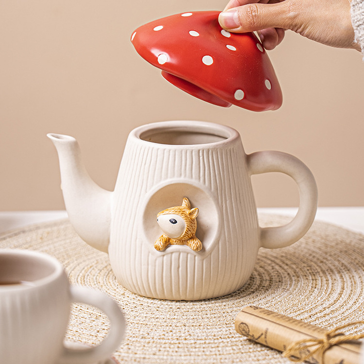 Creative red mushroom ceramic tea pot with tea cup set cute kids water kettles and standing cake plate coffee pot set