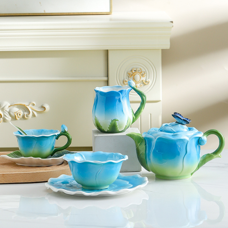 Enamel floral ceramic tea pot with cups set enamel porcelain Afternoon milk tea pots and bowl plates set