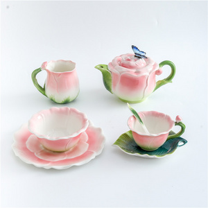 Enamel floral ceramic tea pot with cups set enamel porcelain Afternoon milk tea pots and bowl plates set