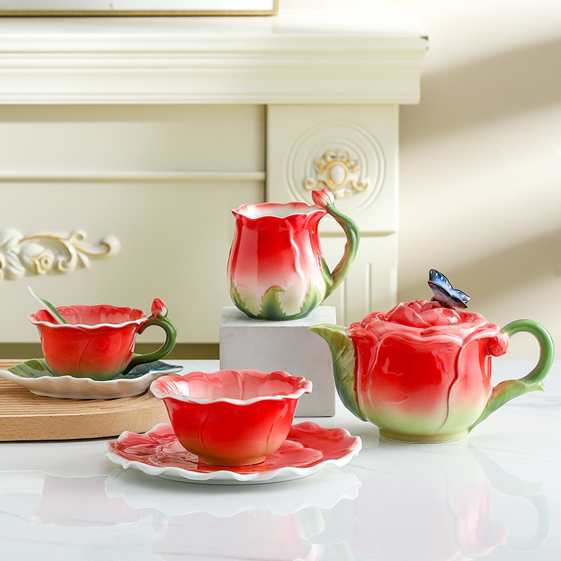 Enamel floral ceramic tea pot with cups set enamel porcelain Afternoon milk tea pots and bowl plates set