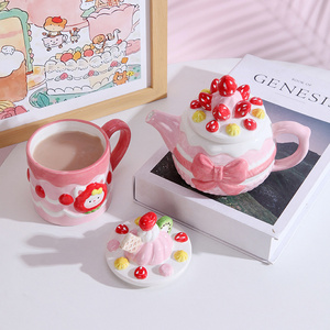 sweet design ceramic tea set pink 3D kids cute ceramic coffee mug and small tea pots girls cute mug cup ceramic