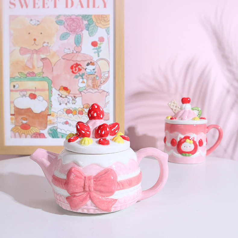 sweet design ceramic tea set pink 3D kids cute ceramic coffee mug and small tea pots girls cute mug cup ceramic