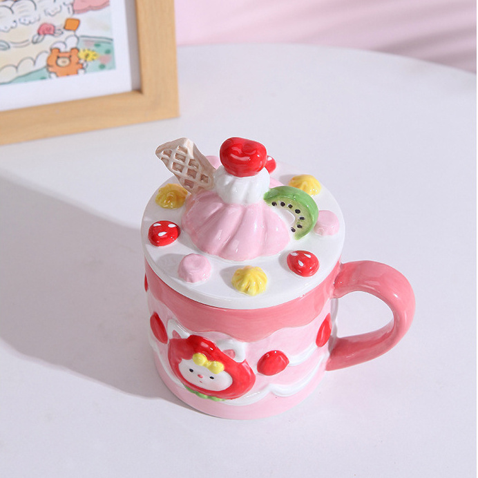 sweet design ceramic tea set pink 3D kids cute ceramic coffee mug and small tea pots girls cute mug cup ceramic