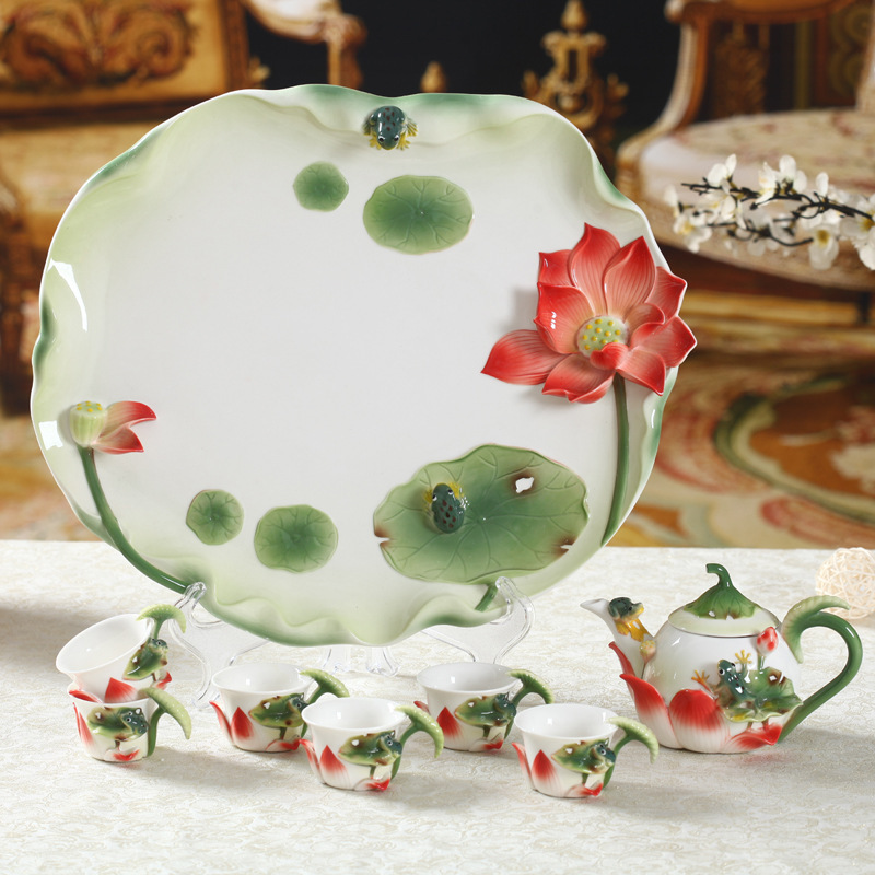 Chinese classical porcelain enamel tea pot set with infuser Lotus pond design ceramic tea pot and coffee cups set with tray