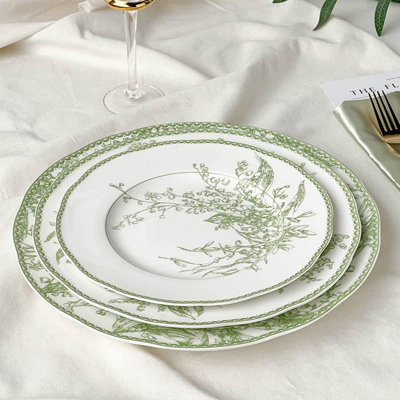 Vintage Light Green Flower Printed Ceramic Dinner Plate Set Retro Design Charger Plates And Dishes Set For Wedding