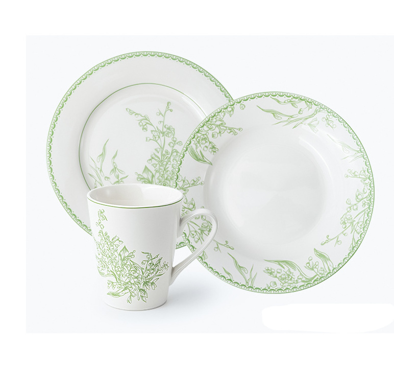 light green flower printing ceramic plate set and coffee/tea cup set green flower mug