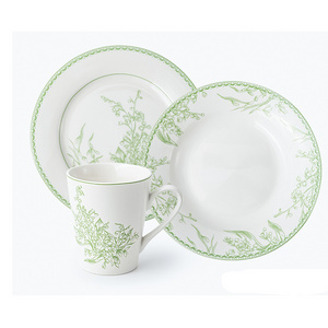 light green flower printing ceramic plate set and coffee/tea cup set green flower mug