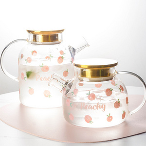 Heat resistant glass tea pot set peach pattern cute tea kettles drinking with with infuser clear glasses water cups