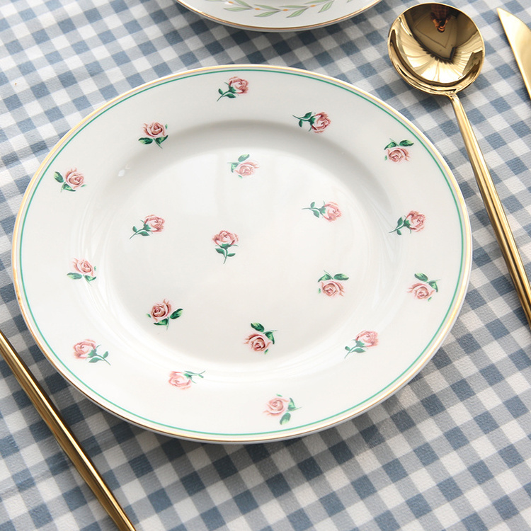 French flower decal printed vintage porcelain dinner plates luxurious wedding ceramic dishes set with gold rim design