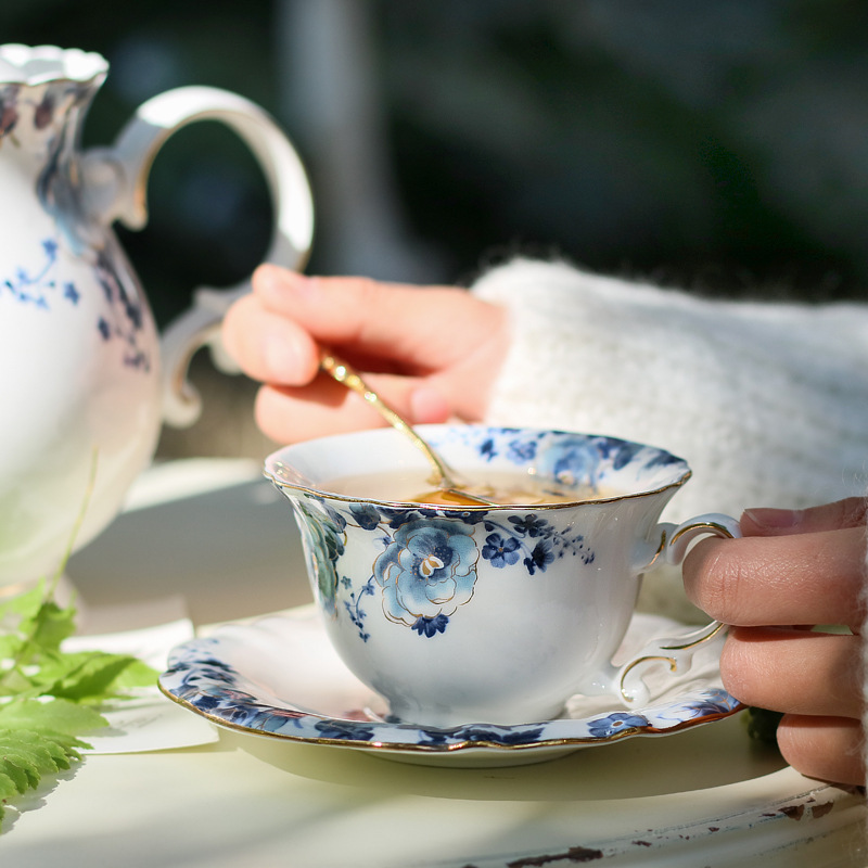 Blue and white new porcelain coffee tea pot set tea cup sets ceramic with tray gold rim design china teapot set and milk pot