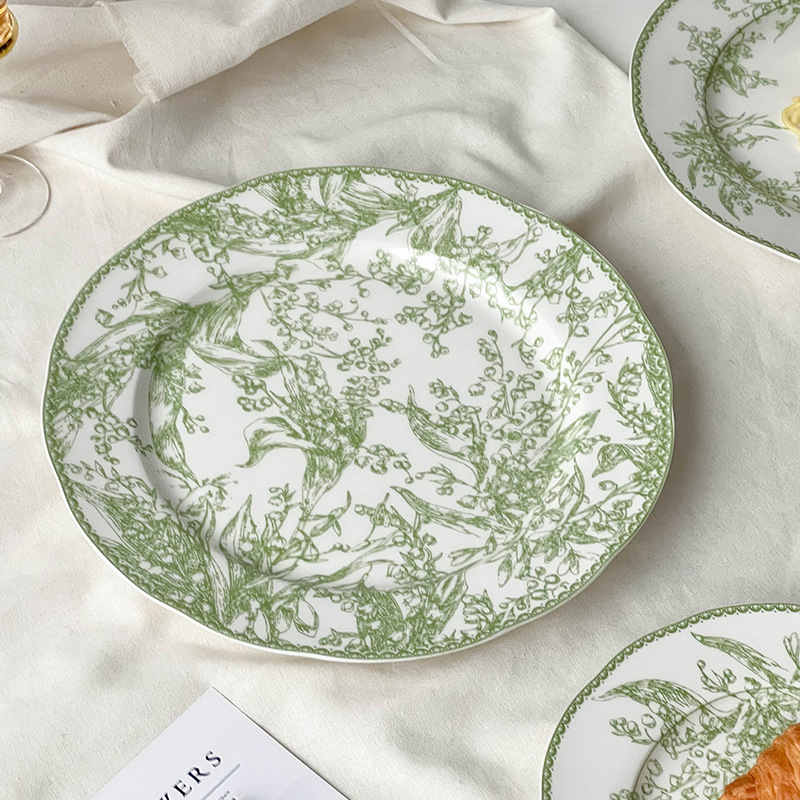 Vintage Light Green Flower Printed Ceramic Dinner Plate Set Retro Design Charger Plates And Dishes Set For Wedding