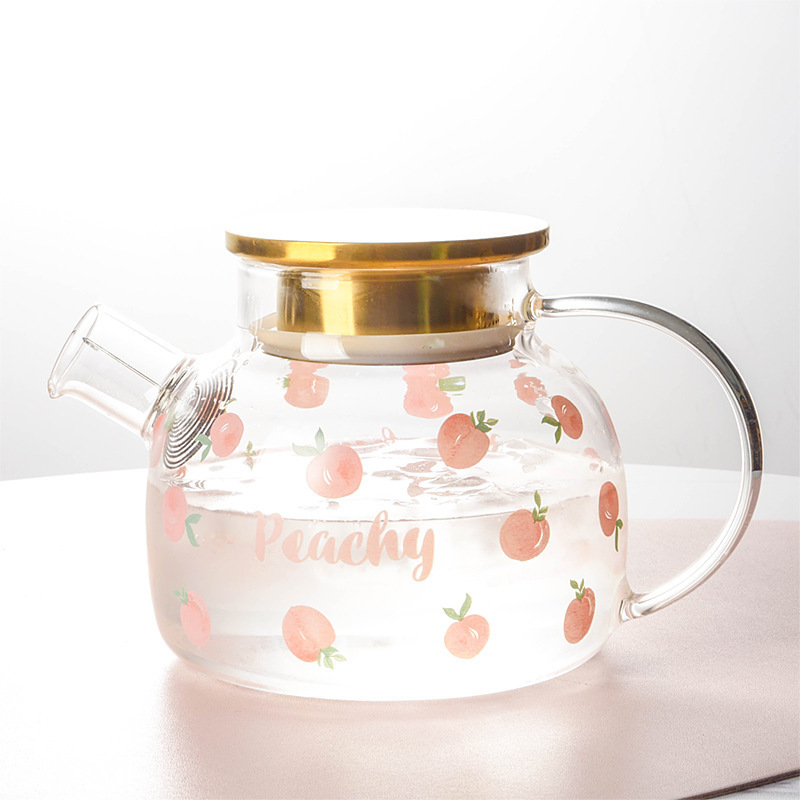 Heat resistant glass tea pot set peach pattern cute tea kettles drinking with with infuser clear glasses water cups