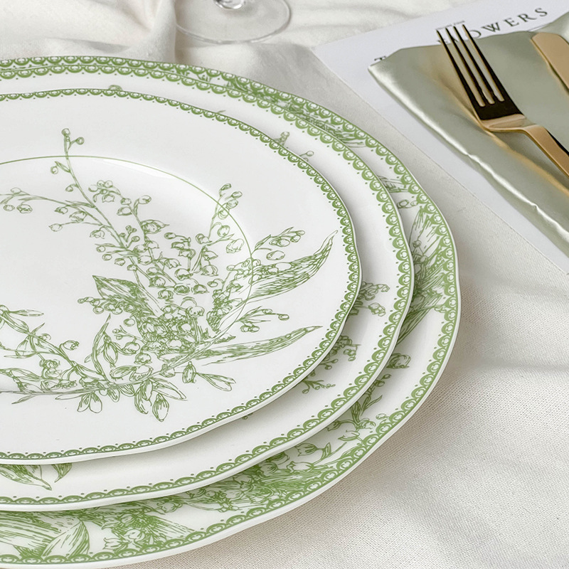 Vintage Light Green Flower Printed Ceramic Dinner Plate Set Retro Design Charger Plates And Dishes Set For Wedding