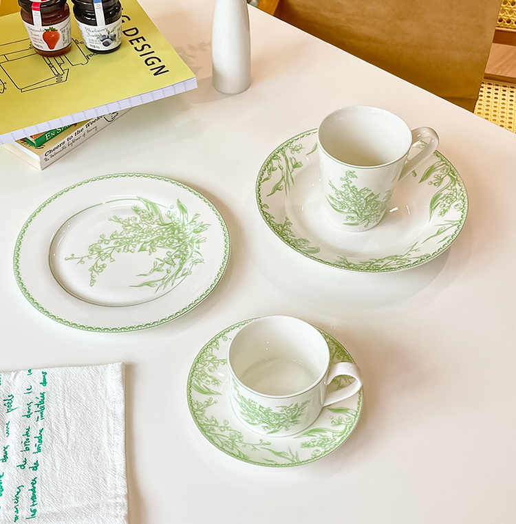 light green flower printing ceramic plate set and coffee/tea cup set green flower mug