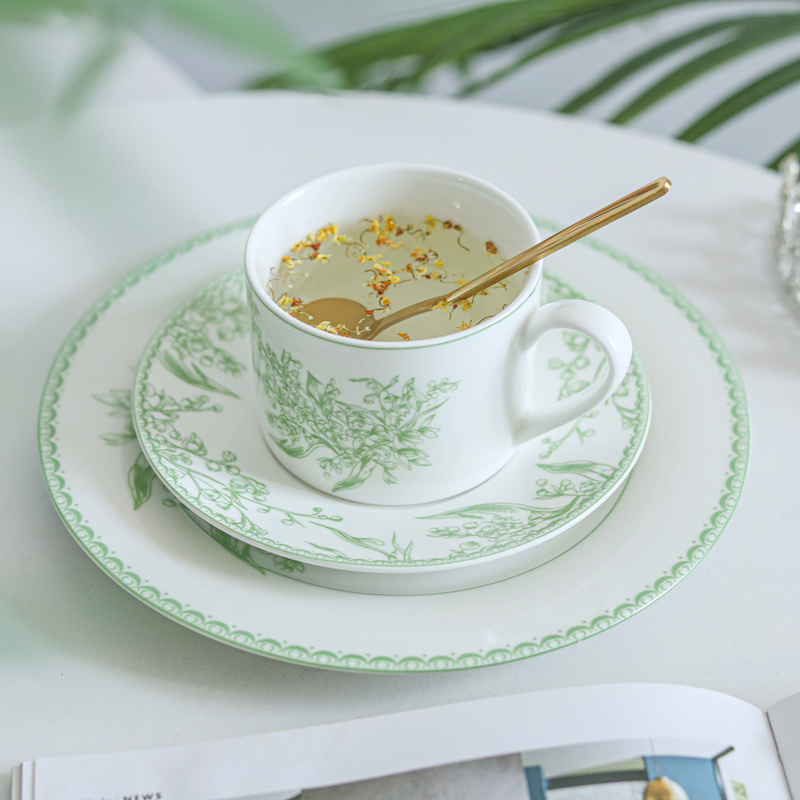 light green flower printing ceramic plate set and coffee/tea cup set green flower mug