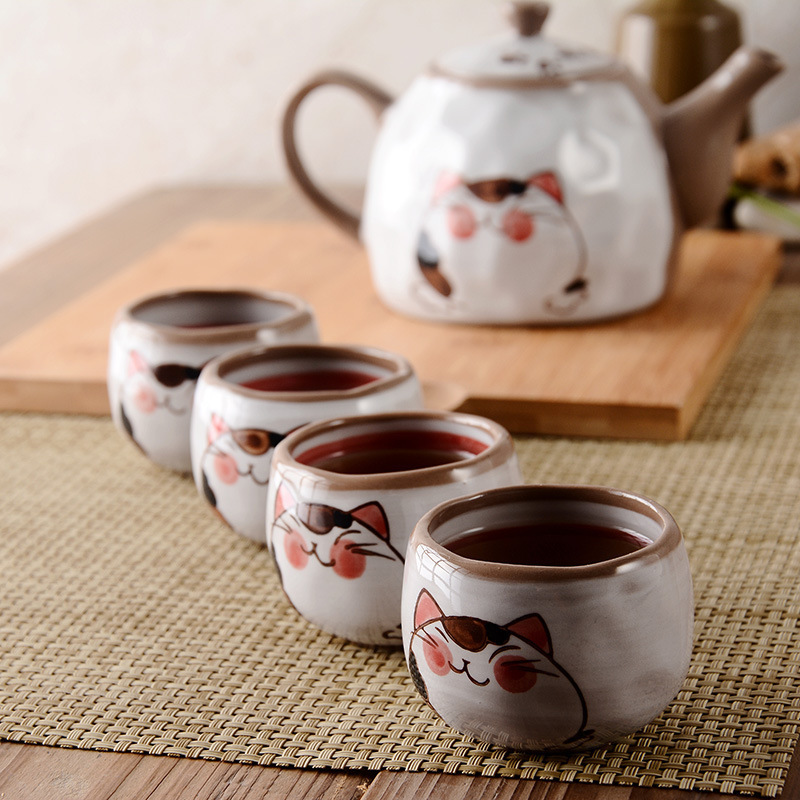 cute style cat pattern ceramic teapot and cup set hand painted tea pot and tea cup set for home use