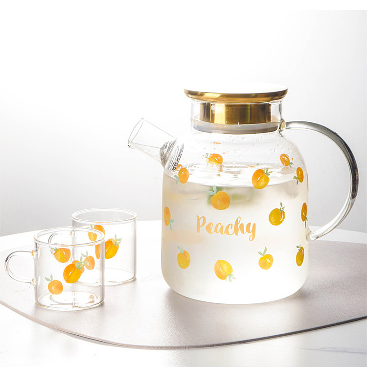 Heat resistant glass tea pot set peach pattern cute tea kettles drinking with with infuser clear glasses water cups