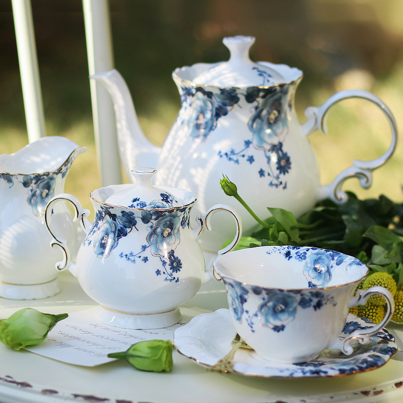 Blue and white new porcelain coffee tea pot set tea cup sets ceramic with tray gold rim design china teapot set and milk pot