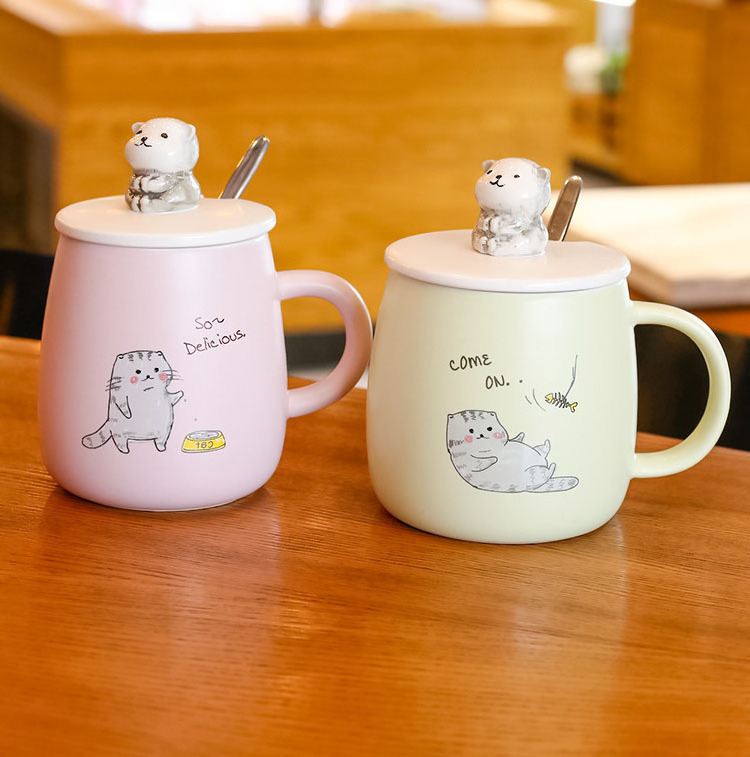 3D coffee ceramic mug with cute animal cat design 450ml cartoon style kids cup